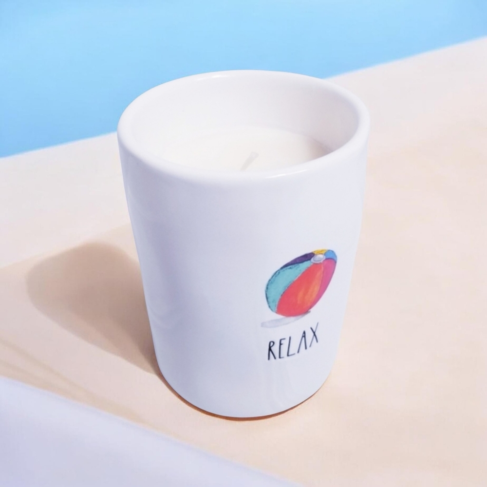 Rae Dunn RELAX Coconut Breeze Beach Ball Ceramic Candle NEW